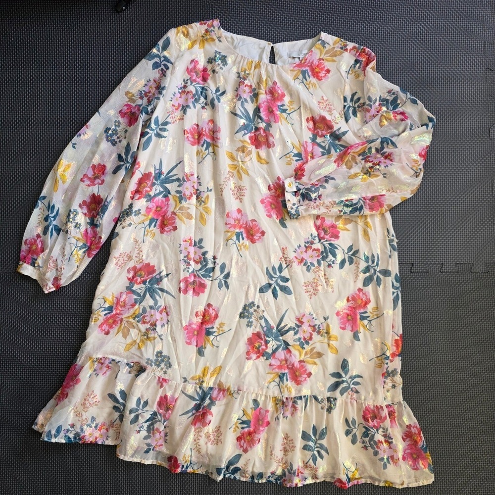 Loft Floral Metallic Gold Shift Flounce Dress Long Sleeve Shimmer Sz 10 Wedding